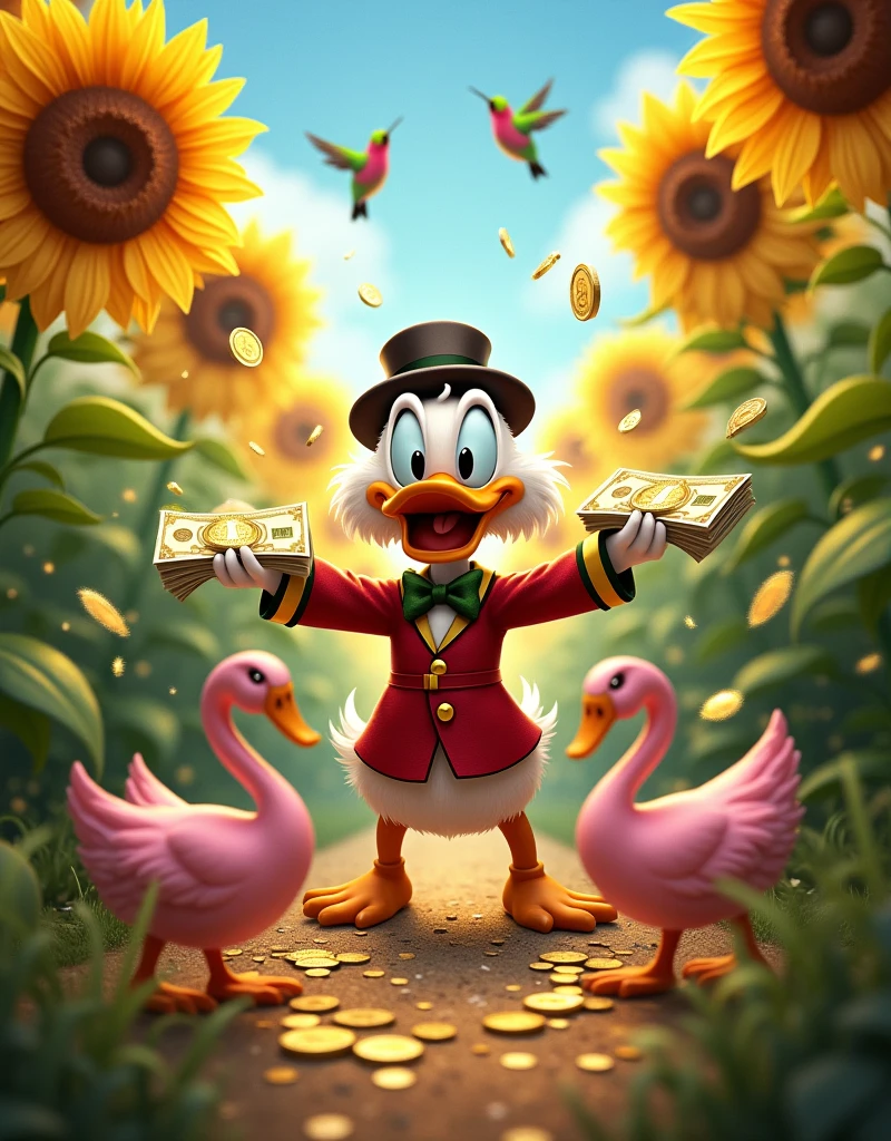 Uncle Scrooge smiling with several banknotes and coins forming a dollar sign with the money. While there are several hummingbirds flying around you in a place full of very yellow and vivid sunflowers. In floor, containing two pink swans forming a heart because they are very close.