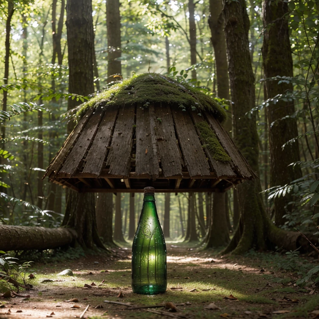 In a serene, sunlit forest, a classic glass Coca-Cola bottle rests horizontally, slightly tilted upward on a rough, textured tree trunk. The trunk is adorned with aged, cracked bark and vibrant green moss, forming a natural path for a group of photorealistic ants. These ants, depicted with intricate precision, work together to carry the bottle uphill, showcasing their strength and teamwork. The shallow depth of field (f/2.8), fast shutter speed (1/500s), and ISO 100 settings ensure the ants’ movements are crisply captured. Soft, diffused sunlight filters through the forest canopy, casting gentle shadows that enhance the textures of the bark and the glass bottle’s transparency. The bottle’s glass reflects the light naturally, with clear reflections highlighting its three-dimensional form. The background is softly blurred with a subtle bokeh effect, featuring muted greens and blues, evoking a peaceful, natural atmosphere. The composition emphasizes the contrast between the man-made Coca-Cola bottle and the organic forest elements, creating a visually engaging and whimsical scene that symbolizes teamwork and perseverance. 