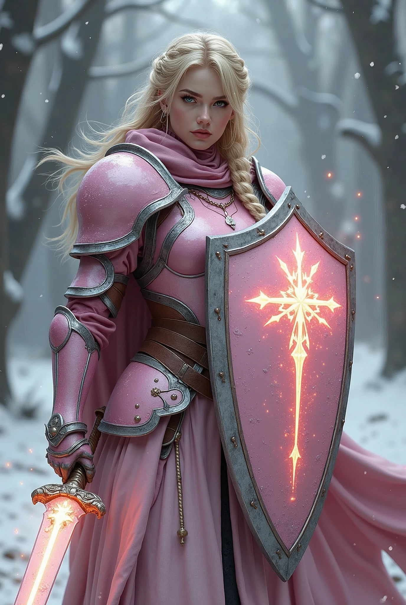 ((portrait, upper torso, armored female paladin, battle worn gloss pink lacquered perfectchainmail armor:0.4, alabaster cloak, (((((top heavy, Barbie))), [bright blonde hair:dark hair:0.8]))), clear green eyes, blackout eyeshadow, iron circlet), braids, glowing radiant white snowflake engraved sword, shield, sparks, windy, outdoor frozen snow snowy forest, dynamic battle pose
