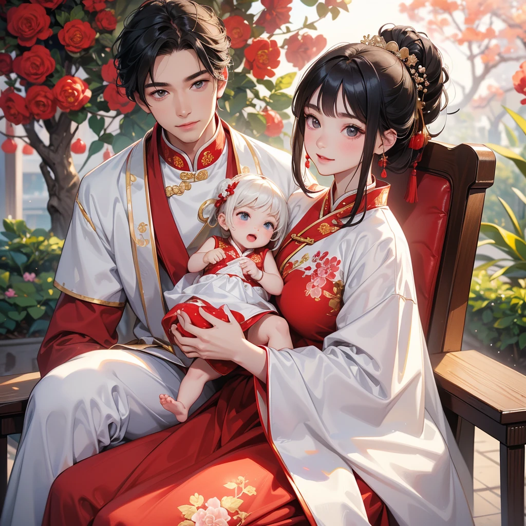 a handsome young man with good face and gentle face, wearing a white ancient Chinese costume, sitting on chair, hugging his adorable Chibi baby girl 1 year old, who is 1 year old, with black hair in a red Chinese new year costume, int he morning, there is sunlight shining in the front yard garden , smiling.