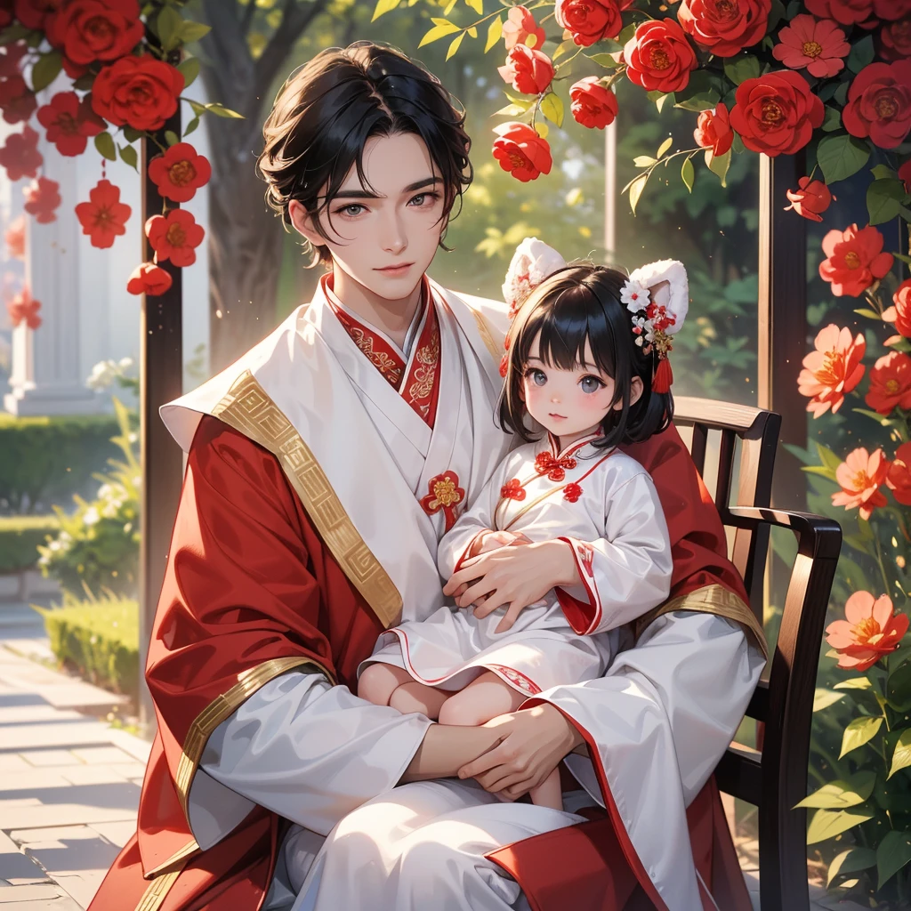 a handsome young man with good face and gentle face, wearing a white ancient Chinese costume, sitting on chair, hugging his adorable Chibi baby girl 1 year old, who is 1 year old, with black hair in a red Chinese new year costume, int he morning, there is sunlight shining in the front yard garden , smiling.