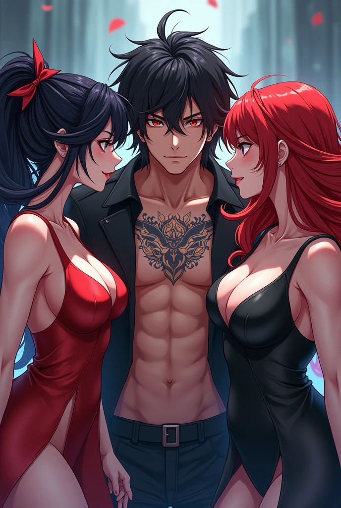Super beautiful waifu women fighting over a handsome long-haired young man tattooed on his chest