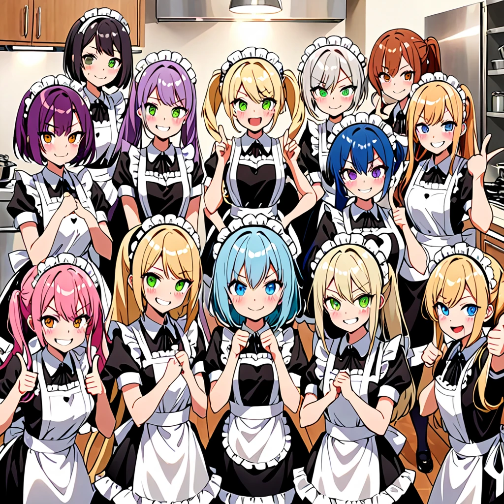 woman, 6+girls, making a heart with hands, making a heart with fingers, making a thumbs up, making a V sign, hands on hips, hands on head, looking at viewer, smiling, cheerful grin, grinning, evil smiling, crying, glaring, long hair, twintail, ponytail, side tail, bob, ahoge, pink hair, red hair, blue hair, silver hair, purple hair, blonde, black eyes, brown eyes, blue eyes, green eyes, odd eyes, with irises, slim, white background, in the kitchen, maid, wide shot, radial composition