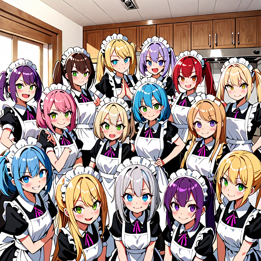 woman, 6+girls, making a heart with hands, making a heart with fingers, making a thumbs up, making a V sign, hands on hips, hands on head, looking at viewer, smiling, cheerful grin, grinning, evil smiling, crying, glaring, long hair, twintail, ponytail, side tail, bob, ahoge, pink hair, red hair, blue hair, silver hair, purple hair, blonde, black eyes, brown eyes, blue eyes, green eyes, odd eyes, with irises, slim, white background, in the kitchen, maid, wide shot, radial composition