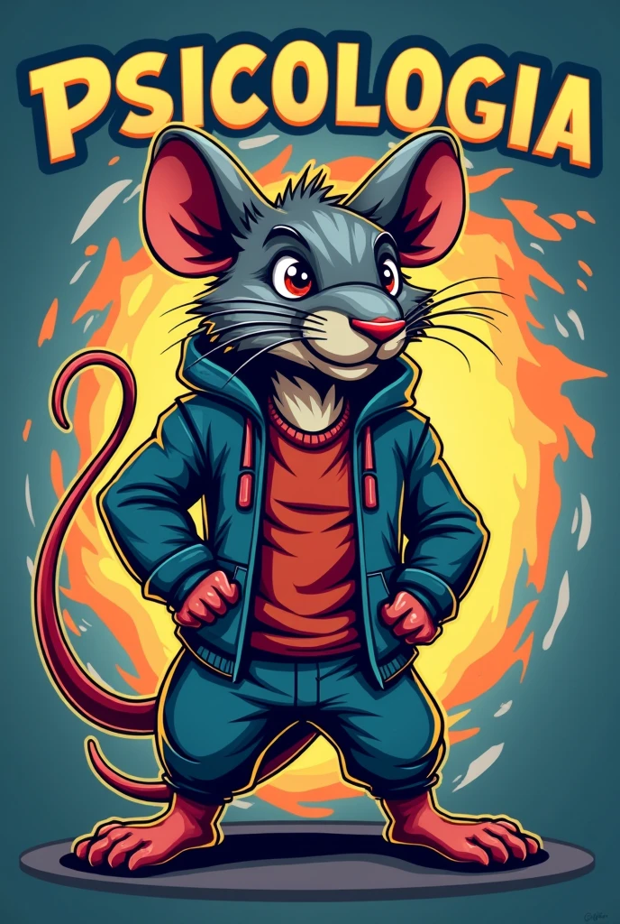 Create a mascot image for the Psychology course. The rat must have a confident and empowered posture, symbolizing strength and overcoming. He must be holding the Psychology symbol (Ψ) With an expression of determination. Use colors that represent Psychology, como azul, yellow and red, no design, swirly vibrant colors. Include the name 'PSICOLOGIA UNINOVE' in bold, with typography that conveys power and professionalism. The mascot's style should be aggressive and inspiring., with features that show power and resilience. Design should reflect the spirit of support, development and reception of the group, incorporating additional symbols related to Psychology, significant elements for the course and practice of Psychology