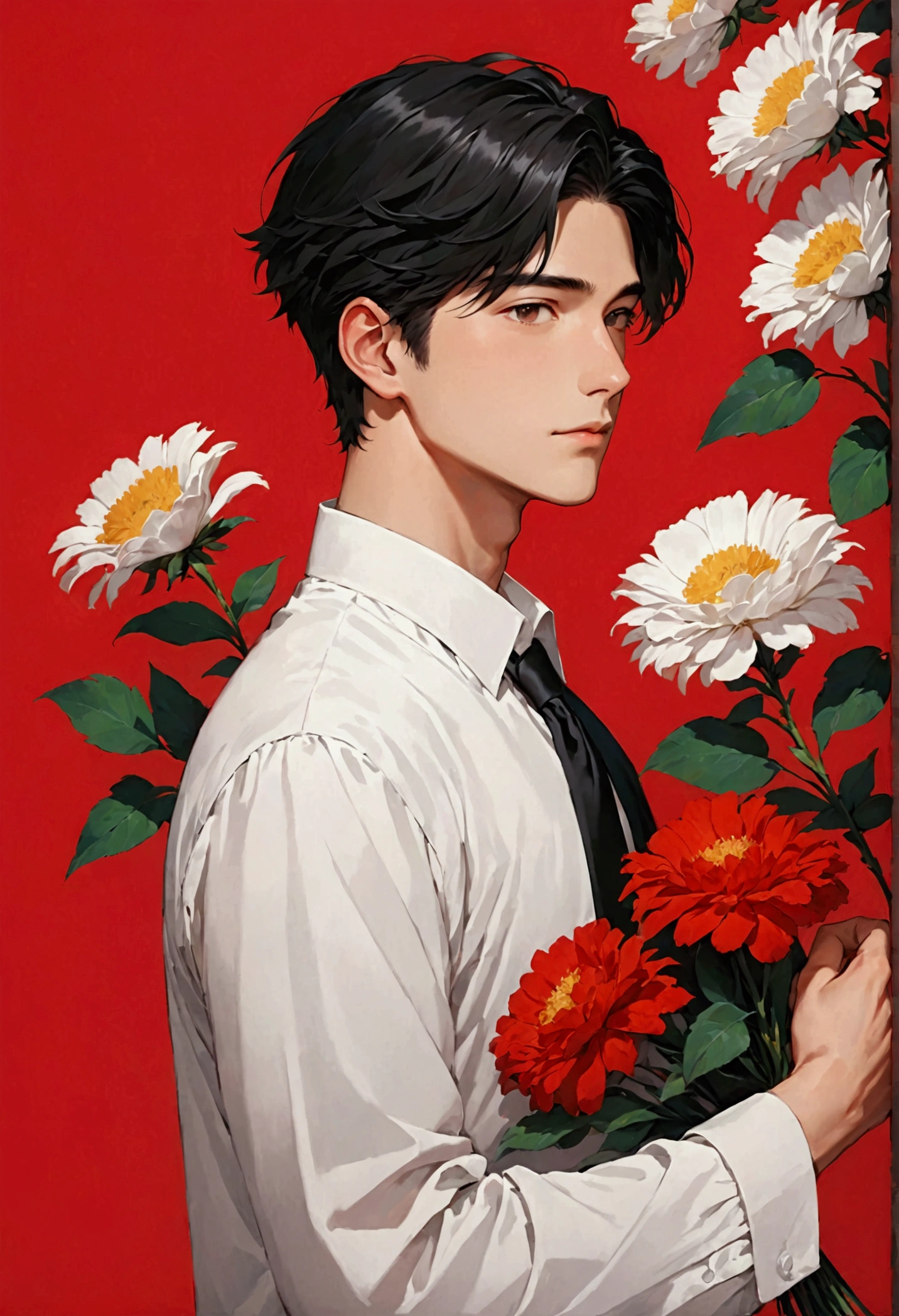 a young man holding flowers over his shoulder on  a  red  background, 1boy, flower, male focus, solo, holding flower, black hair, holding, shirt, red background, white shirt, simple background, formal