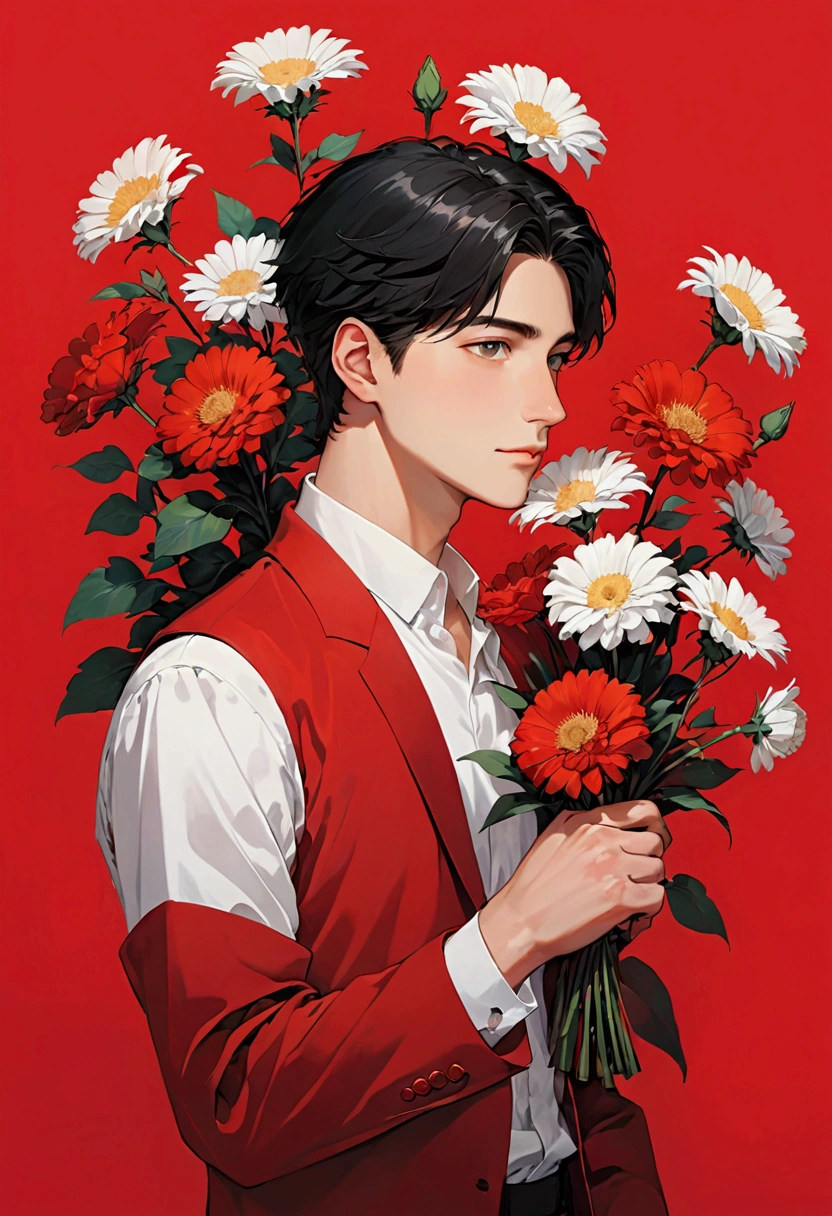 a young man holding flowers over his shoulder on a red background, 1boy, flower, male focus, solo, holding flower, black hair, holding, shirt, red background, white shirt, simple background, formal