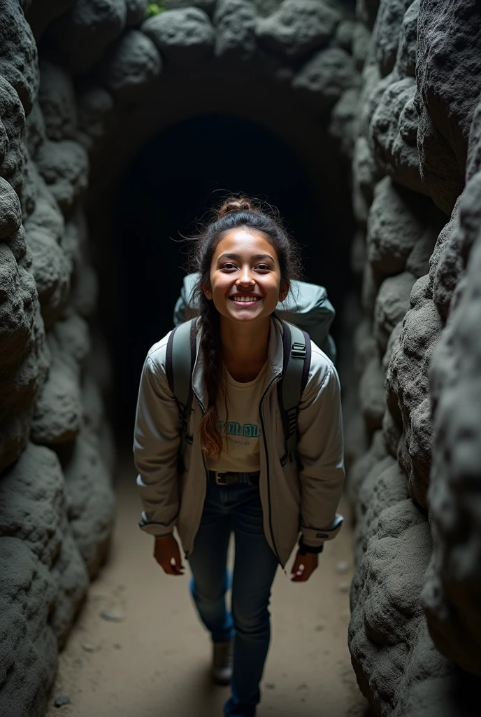 CREATE AN AVATAR OR A PERSON WHO HAS THESE CHARACTERISTICS AND IS A TOURIST Age 20 to 25 years Adventurous They look for instagrammable destinations Ecuadorians They prefer short and dynamic experiences They are in tourist clothes, that it is seen that he is ECUADORIAN, who likes adventure, that is in a mysterious tunnel that you can see the face the tunnel is a little narrower and with volcanic stone