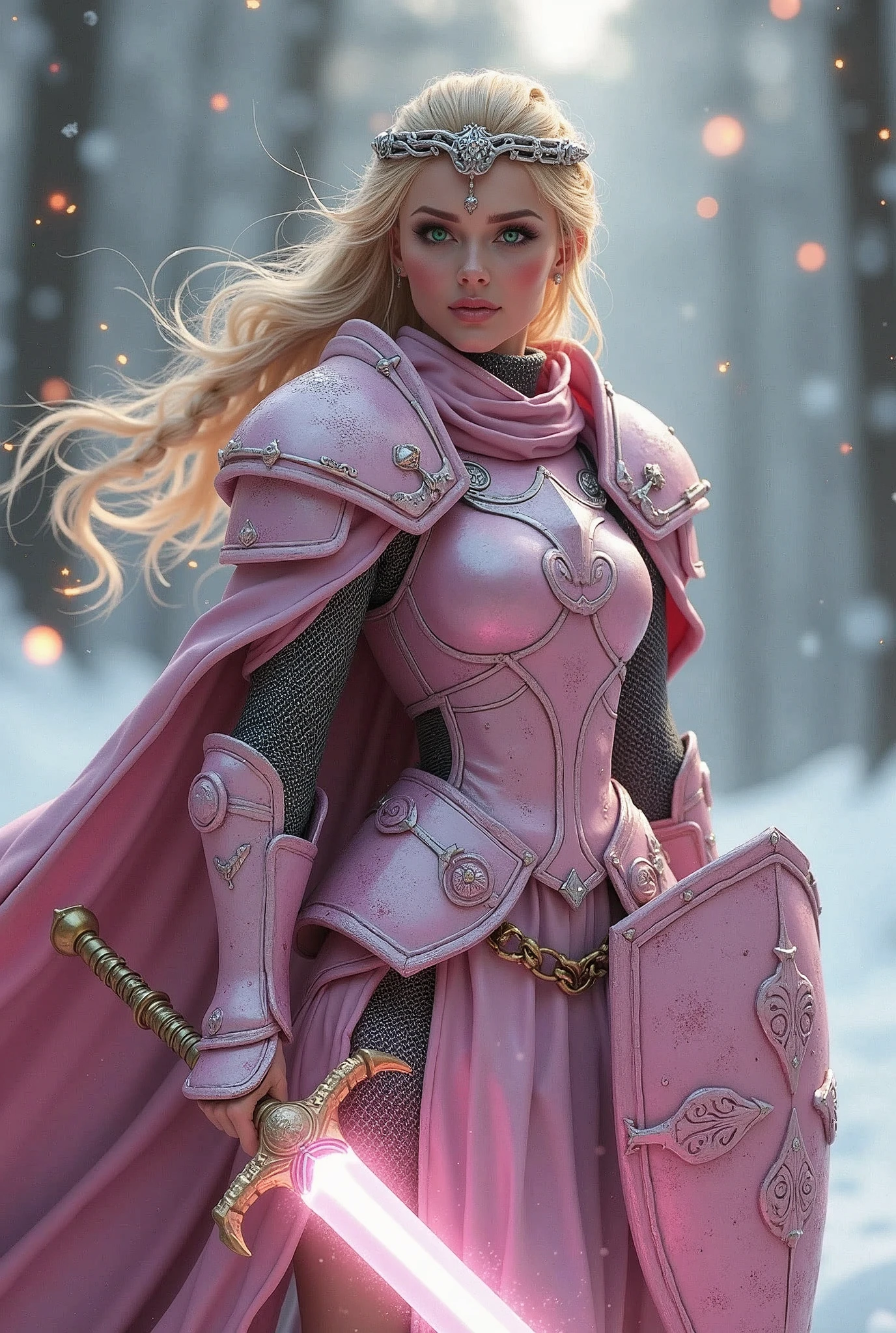 ((portrait, upper torso, armored female paladin, battle worn gloss pink lacquered perfectchainmail armor:0.4, alabaster cloak, (((((top heavy, Barbie))), [bright blonde hair:dark hair:0.8]))), clear green eyes, blackout eyeshadow, iron circlet), braids, glowing radiant white snowflake engraved sword, shield, sparks, windy, outdoor frozen snow snowy forest, dynamic battle pose
