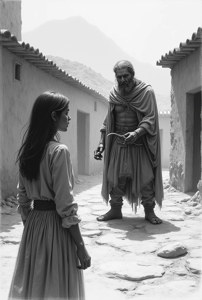 A young woman watches in fear as a man takes the heart out of another man, set in ancient Ayacucho drawn in pencil