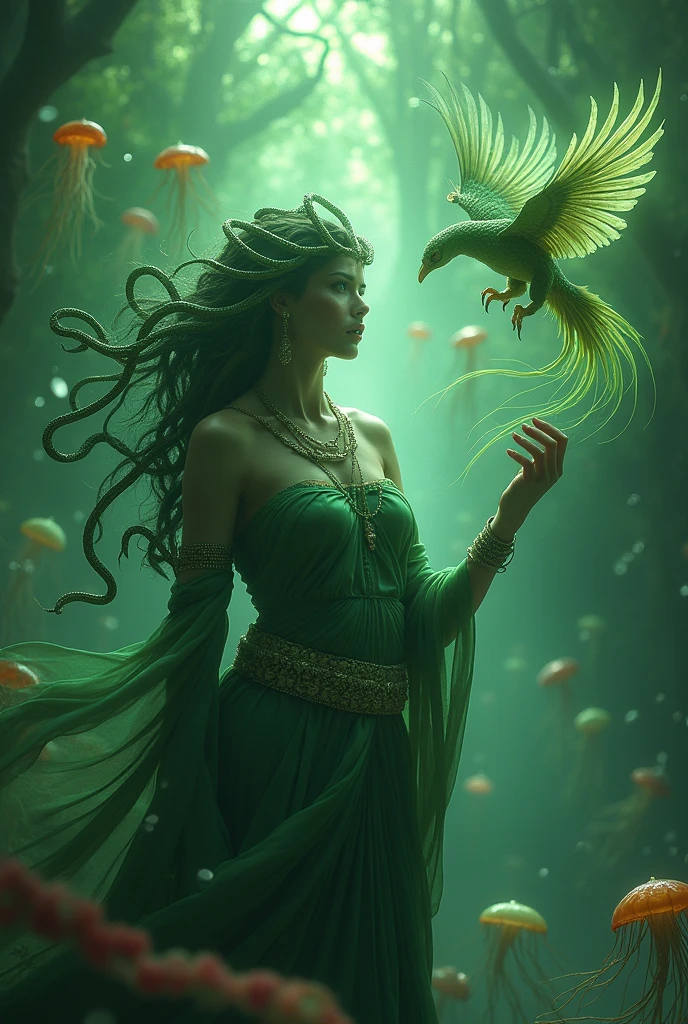The Medusa of Greek mythology from head to toe posing authentically, with a phoenix as if descending from its flight towards her hand extended upwards, I want the phoenix to look like she's trying to get a butterfly to land on her finger., But instead of a butterfly I want it to be a phoenix like the butterfly flying but going down towards your finger, I want there to be a great representation of these two giving light like rays or dust to the background based on their base colors and with flashes of rays like in the background, I want Medusa to have only two arms and for it to be noticeable that they are snakes and not like the dreadlocks she has in her hair and like a fearsome figure and more green like it is in Greek mythology.. I want it to be a phoenix, not just any little bird , I want jellyfish to be GREEN and the phoenix to be A PHOENIX, I want their snakes to be noticed too 😭