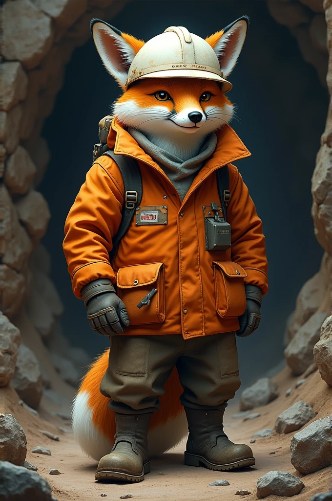 Culpeo fox dressed as a miner with a white helmet, orange jacket and safety shoes