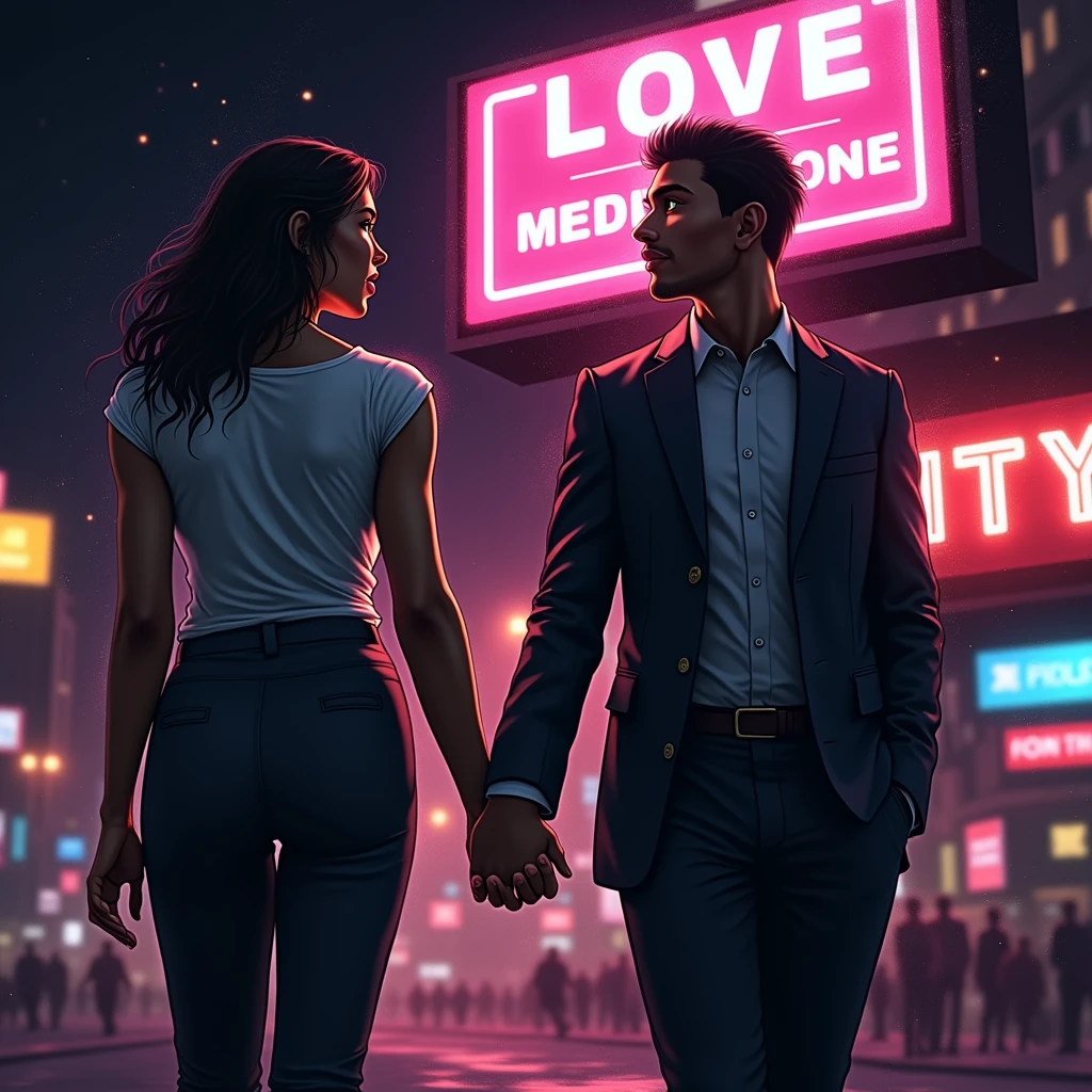 create a work of art, a portrait of an African American couple (1 handsome black man, 1 beautiful Latina woman with green eyes, dark chocolate skin) in a romantic scene, a magnificent abstract painting, the best creation, 12k, maximum expression quality of artificial intelligence