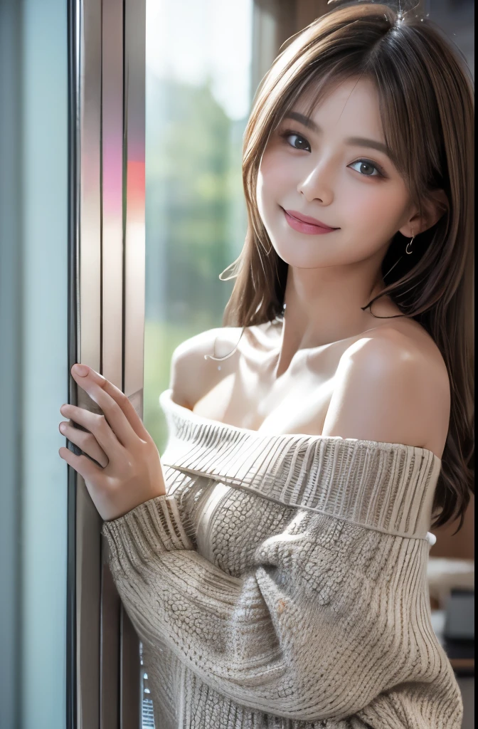 Off the shoulder Summer knitwear, (Ultra high definition, High resolution, Delicate depiction, 8k Raw Photo:1.5), Best Quality, woman, masterpiece, Very detailed, Semi-realistic, 21 years old, beautiful, young, Soft skin texture, Summer knitwear, Off the shoulder, Pulling on the lilac shirt, interior, やわらかなmorning陽が差し込む,Modern Room, window, Wake up, morning, blush, smile, Lens flare, Depth of written boundary,