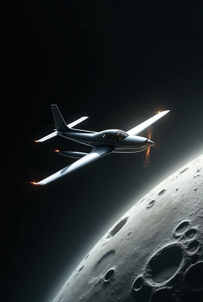 A small plane travels through space and crashes into the moon