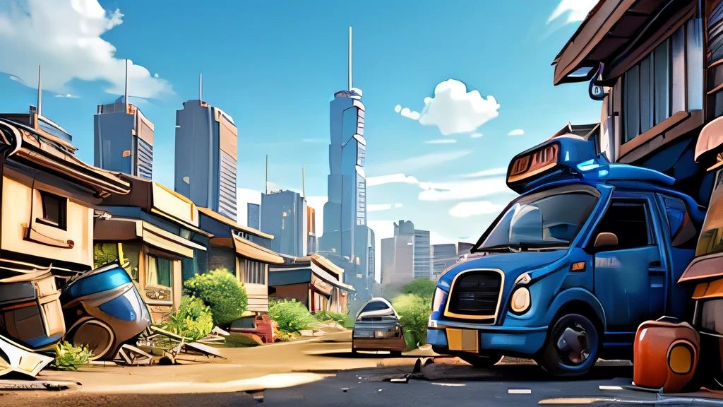 Futuristic cityscape、Back Alley、Scrap yard、Clear sky、Bright atmosphere、the way、Garbage dump