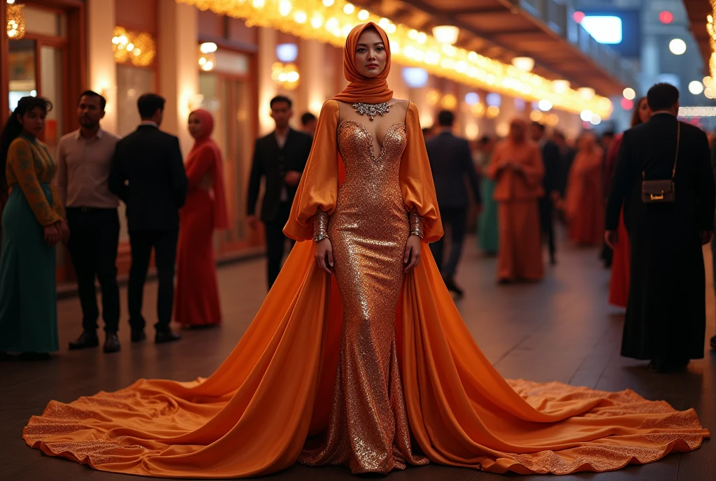 An malay woman in glamorous mermaid evening dress, long ballon sleeve dress, wear jewellery, wear modern satin hijab, entirety of fabric over botom dress about 7 meters in length trailing dramatically, glamours style, overlong dress train, extreme detail on the texture of the fabric, wear high heels, sexy random pose in outdor stair, beautifull bright lighting, ultra realistic, high-resolution photography.