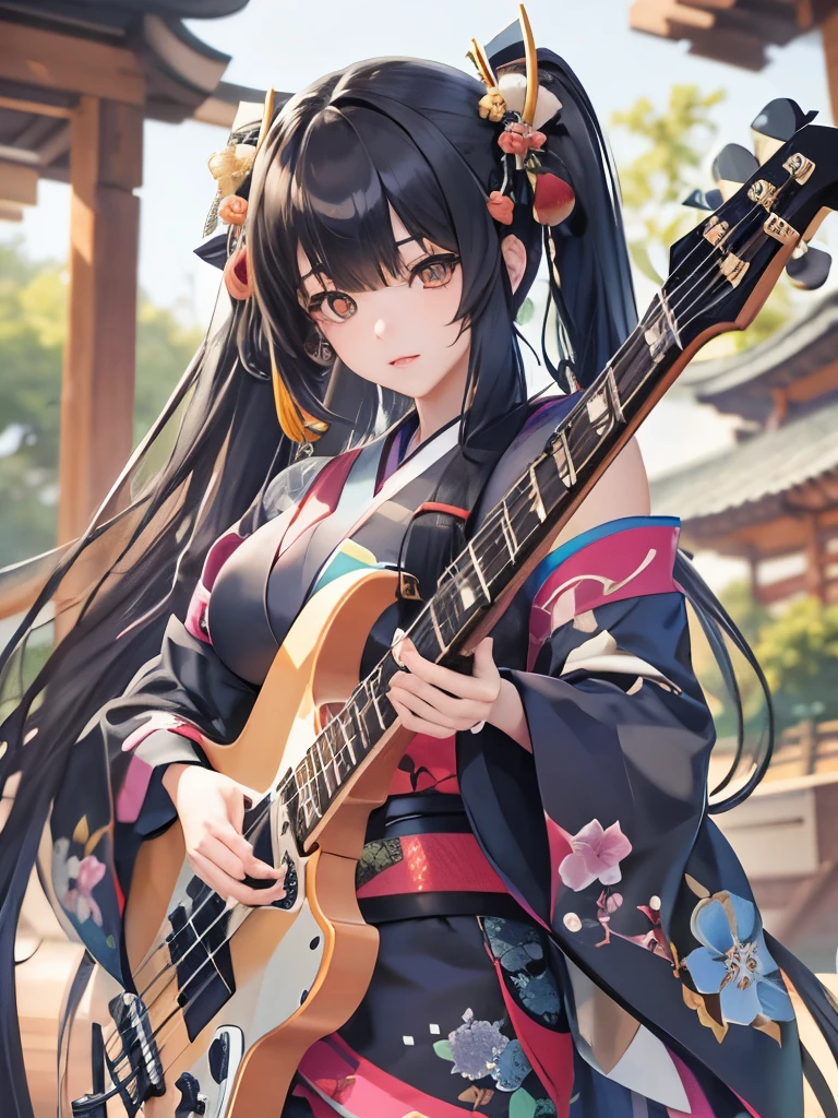 Beautiful anime girl, long black hair, bangs and twin tails, holding bass guitar, wearing Genshin-style kimono, ultra realistic