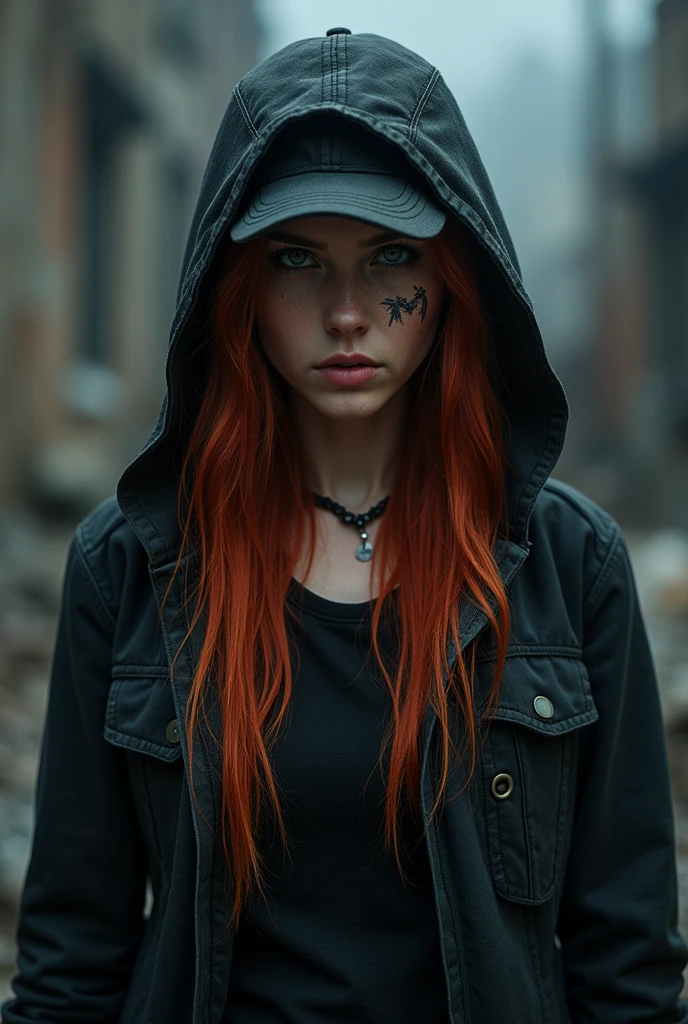 On a dark night in a destroyed place there was a woman, long red hair hidden by a cap and the hood of her open black coat that showed a black shirt underneath. Clothing in the style that only an apocalyptic destroyed earth could provide. There was a tiny tattoo below his right eye that appeared to be a small eagle, his dark green eyes and the tattoo were the only thing showing on his serious face covered by layers of clothes that hid a face flushed with fatigue. On his lip was a small scar that matched a scar on his right eyebrow.