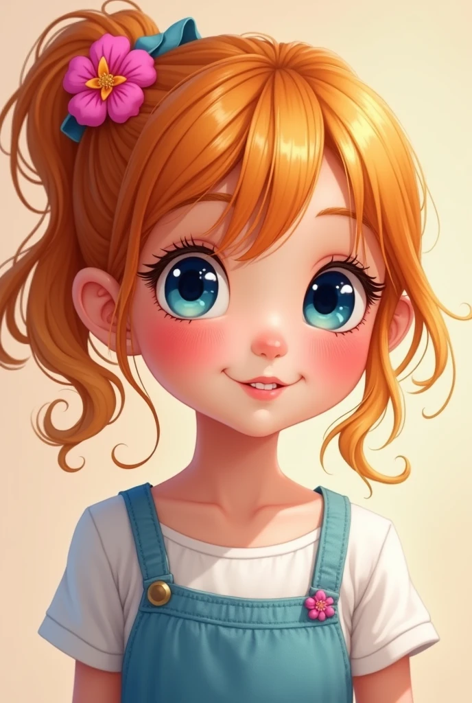 6 year old girl with orange blonde hair, half ponytail, dark blue eyes, blue spaghetti strap dress, white t-shirt, pink flower clip