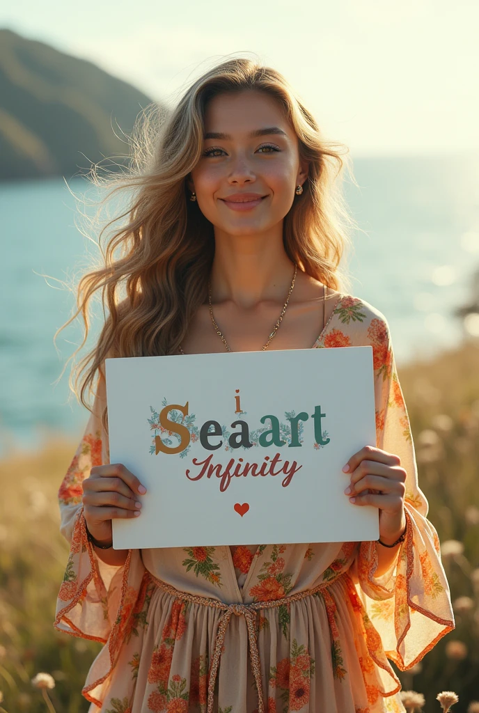 Beautiful girl with wavy long hair, bohemian dress, holding a white board with text "I Love Seaart Infinity" and showing it to the viewer