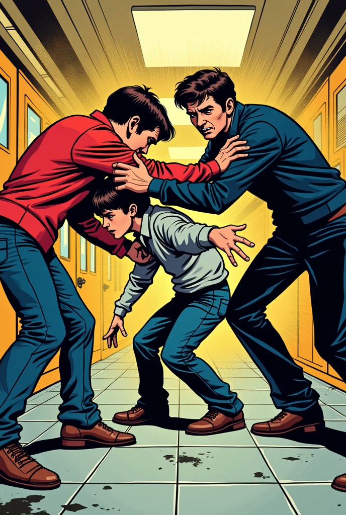 Bullies harassing and hitting a student, 70's comic style