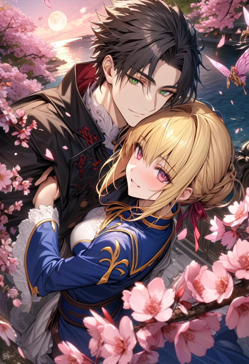 absurdres, highres, ultra detailed, HDR, master piece, best quality, extremely detailed face, delicated features, Xue Yu, black hair, messy hair, hair between the eyes, expressive red eyes, Fate Stay Night, Saber, blonde hair, expressive green eyes, a handsome man together with a beautiful woman, couple, smiling, blue dress, black coat, fantasy, magical, cherry blossoms, pink flowers, pink erflies, pink petals, water, pink moon