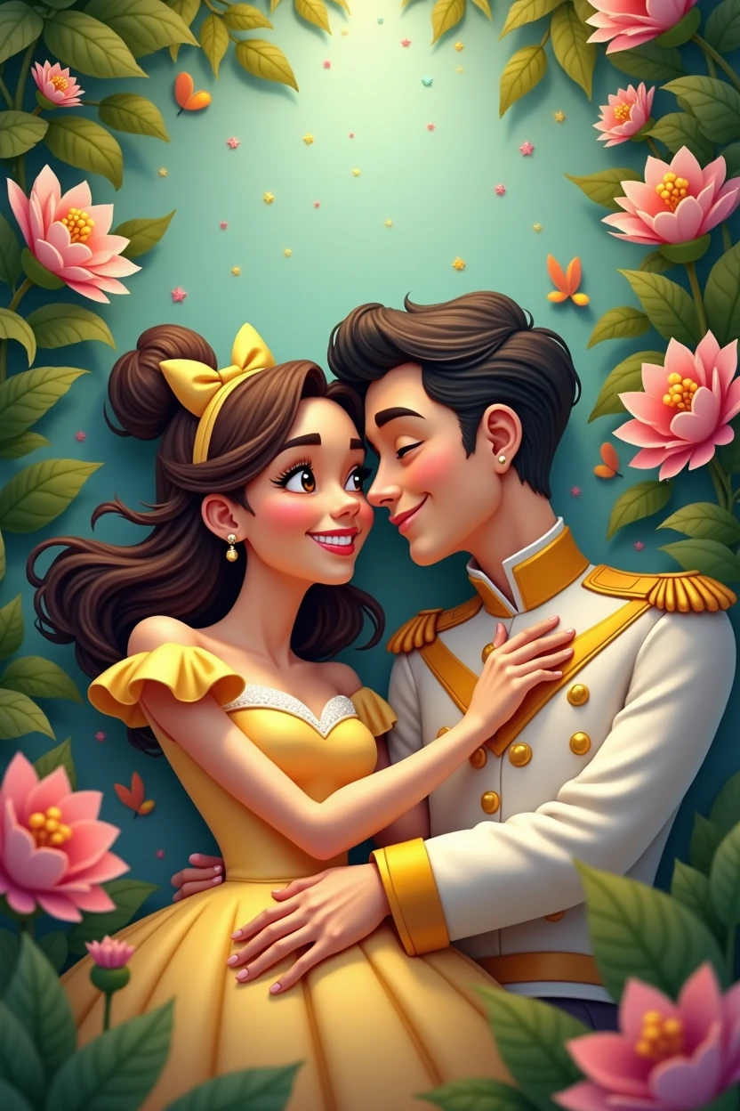 Edited based on attached image。Wedding gifts。Disney-like atmosphere。The main character is a girl, dressed in cute clothes like Donald Duck, and smiling.。She and her husband are happily touching noses and foreheads。Around、Colorful plants and vines like those in Rapunzel。Cute animals like those in Snow White。 Men are human too、But I like dressing like Donald Duck.。Men、I like prince-like clothes。After、I want people to look more beautiful.。I want dimples on my cheeks。There are more animals。 The two are lying on their backs。 I want to make it more Donald Duck-like.、The plants seem to be surrounded by shiny, more colorful things.。 Make your body plump、I&#39;d like it to be a bit more colorful with more plants overall.！