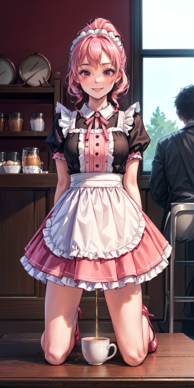 (from the front), Fisheye Lens, Beautiful girl at 24 years old, Big Breasts, Underbust, (kneeling On the table), (On the table:1.5), (Leg spread), (peeing in cup:1.3), cup, (Classic puffy short sleeve ruffled blouse), (Pink mini skirt), (Pink Maid Apron), (Button-down shirt), (Neck Ribbon Button Gap)+ Thighs, High heels, Put your arms behind your back, (View Viewer:1.5), (Embarrassing:1.3), (Smile), (vapor:1.3), (Girl trembling with sexual climax:1.3), Mid-length hair, Pink Hair, High Ponytail, Wavy Hair, Glowing Skin, (coffee shop), window, morning, (crowd:1.3), (masterpiece, highest quality, High resolution:1.3), Perfect Anatomy