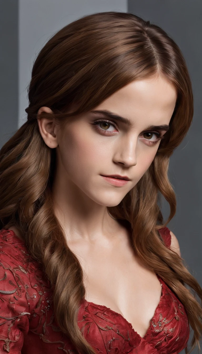((Emma Watson)) (long hair:2.0, big breast:1.6), red ancient dress split, thigh gap, chest split, (fight with dragons, holding magic stick) wind blowing hair, fly, fantasy world, (masterpiece) details