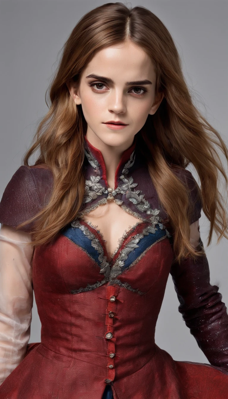 ((Emma Watson)) (long hair:2.0, big breast:1.6), red ancient dress split, thigh gap, chest split, (fight with dragons, holding magic stick) wind blowing hair, fly, fantasy world, (masterpiece) details