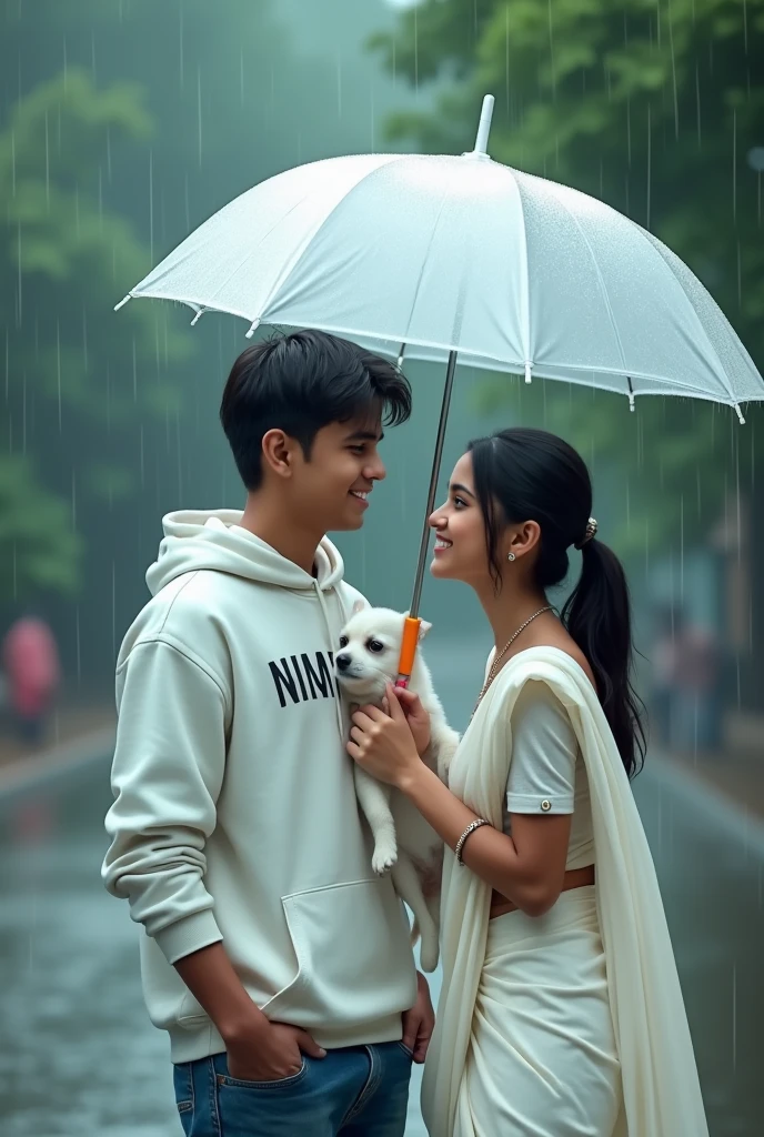 20 years old healthy boy and girl walkingin very close, eyes to eyes contact, in very romantic mood,full blaring 4k road side background,with white umbrella hoding white dog, rain mood, raining.The boy wearing white hoodie, withname “NAME” write on shirt, thegirl wearing white saree. girl hair is tiedand kept on one side shoulder.They are looking so cute, indian,smiling, simple look very happyromantic mood