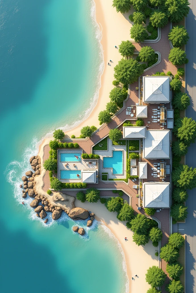 2D hotel plan on the beach which first shows the reception space The restaurant space The recreation space , Guest rooms with beds and everything, A SPA room, An area for people with disabilities, 3 swimming pools, Connection with green areas, This could be something like an open space and a pool for waste water outside the hotel., The L-shaped parking lot One part in front and the rest in the back.