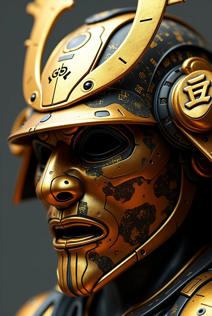 A golden Japanese samurai mask with components simulating electronic applications，Used on golden masksＩＣElectronic chip components andＣＰＵdecorate，The Japanese family crest is printed on it，Overall presentation of golden Japanese samurai mask５０Degree Angle