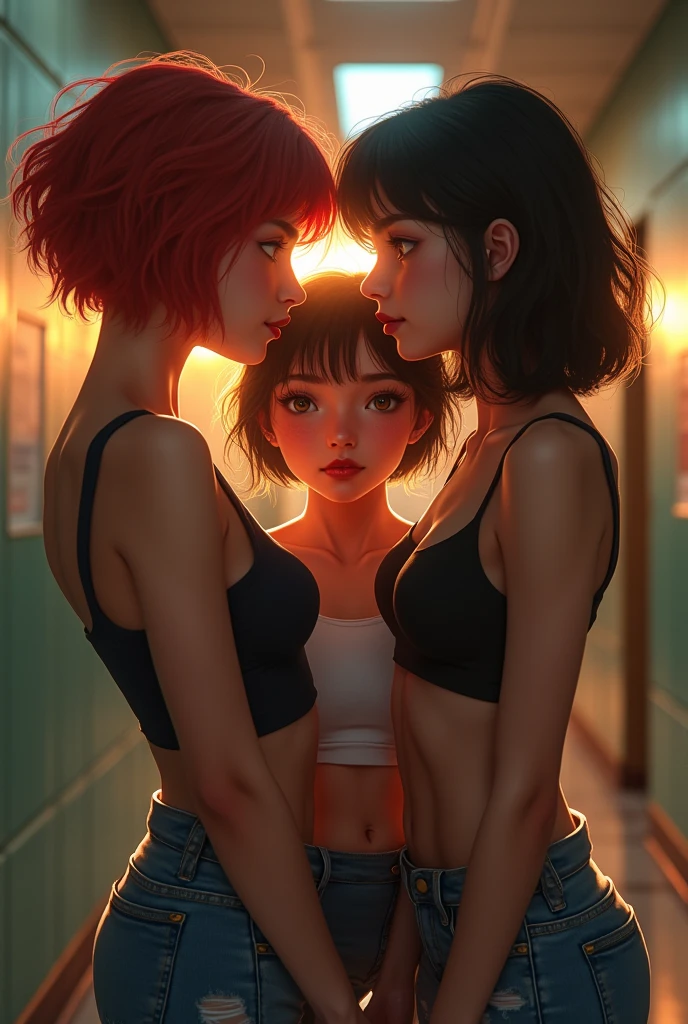 (photorealism) a shy American white high school girl with a  figure and short red hair being crowded and kissed by two Asian girls wearing torn crop tops and ripped jeans and wearing lipstick while they both kiss the American girl in an empty school corridor as the sun sets 