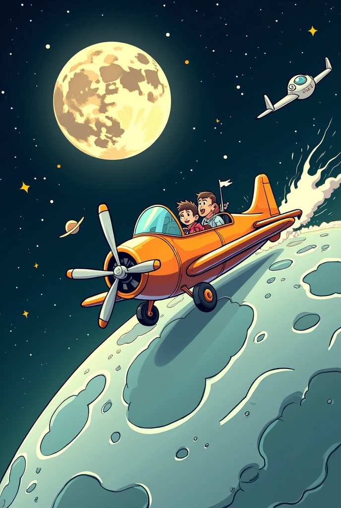A small plane travels through space and crashes into the moon in a cartoon