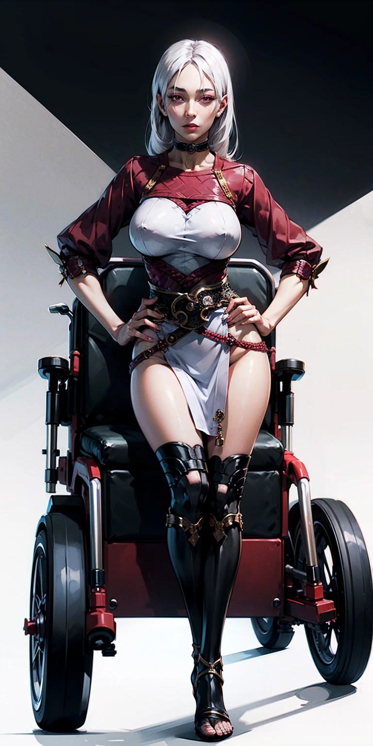 (White background:1.2) anime girls anime, red eyes, white hair, Wheelchair, flower in hair, HD phone wallpaper. 1solo, full body, with hands on hips, feet together, viewed from below. Features a leather choker, big belt, bracers and a tiara.