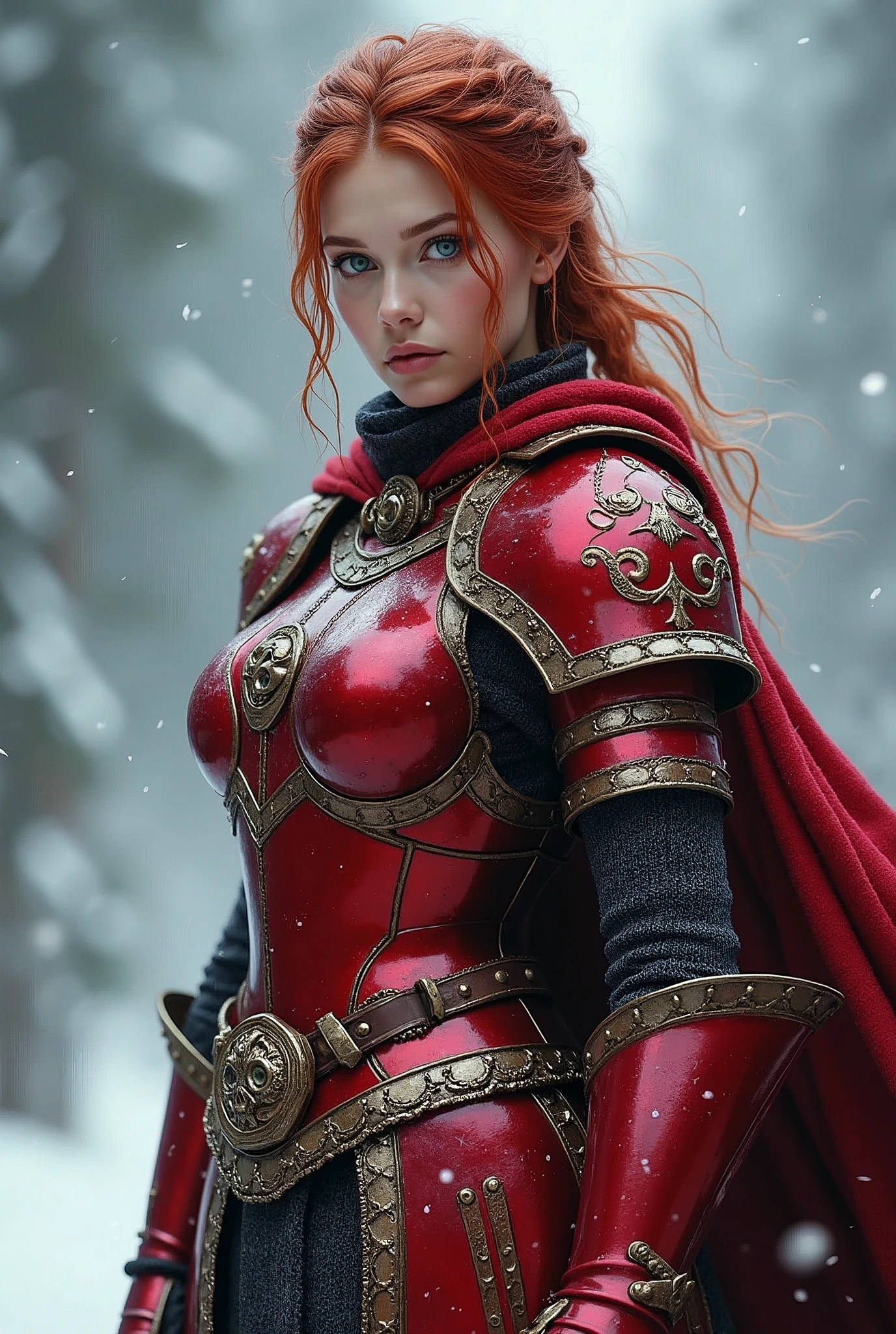 ((portrait, upper torso, armored female paladin, battle worn gloss red lacquered perfectchainmail armor:1.4, alabaster cloak, (((((big breasts))), [bright red hair:blonde hair:0.8]))), clear green eyes, blackout eyeshadow, iron circlet), braids, glowing radiant white skull engraved sword, shield, sparks, windy, outdoor frozen snow snowy forest, dynamic battle pose
