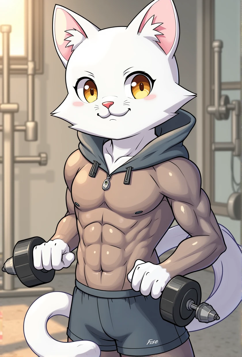 a muscular cat, athletic cat, muscular feline, athletic feline, cat with defined muscles, cat with six-pack abs, cat doing strength training, cat lifting weights, cat in gym, cat in fitness studio, cat in workout clothes, cat with visible muscle tone, cat with bulging biceps, 1 cat, realistic, detailed, 8k, high resolution, hyperrealistic, cinematic lighting, warm color palette, beautiful fur textures, feline musculature, powerful cat pose, action shot, dynamic composition, compelling cat expression