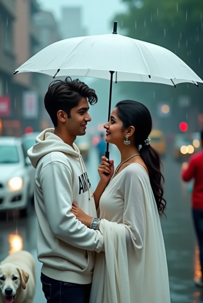 20 years old healthy boy and girl walkingin very close, eyes to eyes contact, in very romantic mood,full blaring 4k road side background,with white umbrella hoding white dog, rain mood, raining.The boy wearing white hoodie, withname “ARSHAD” write on shirt, thegirl wearing white saree. girl hair is tiedand kept on one side shoulder.They are looking so cute, indian,smiling, simple look very happyromantic mood