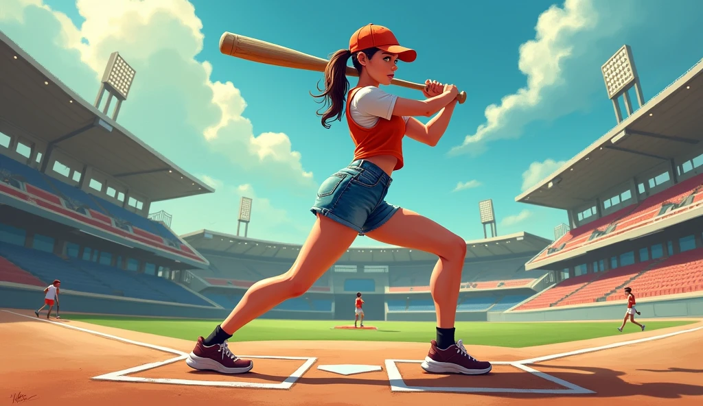 Bat Swinging Pose, young women, denim skirt, turned cap, centerfield, hard sun, empty stadium, clear sky, hitting the ball