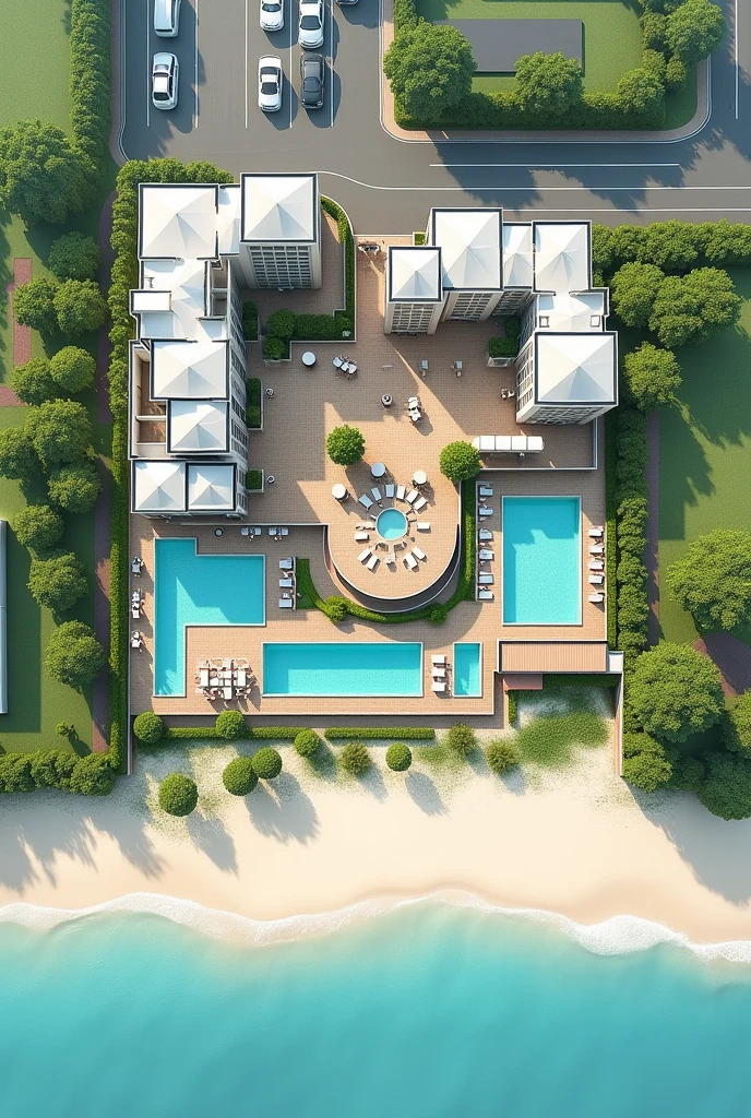 2D hotel plan on the beach which first shows the reception space The restaurant space The recreation space , Guest rooms with beds and everything, A SPA room, An area for people with disabilities, 3 swimming pools, Connection with green areas, This could be something like an open space and a pool for waste water outside the hotel., The L-shaped parking lot One part in front and the rest in the back.