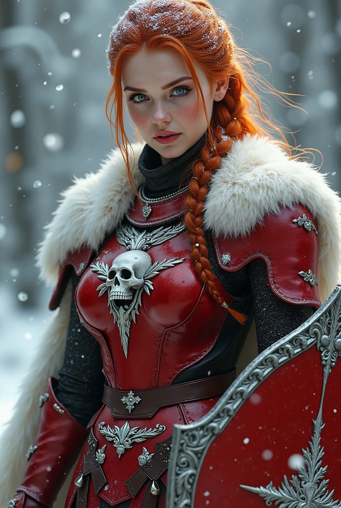 ((portrait, upper torso, armored female paladin, battle worn gloss red lacquered perfectchainmail armor:1.4, alabaster cloak, (((((big breasts))), [bright red hair:blonde hair:0.8]))), clear green eyes, blackout eyeshadow, iron circlet), braids, glowing radiant white skull engraved sword, shield, sparks, windy, outdoor frozen snow snowy forest, dynamic battle pose
