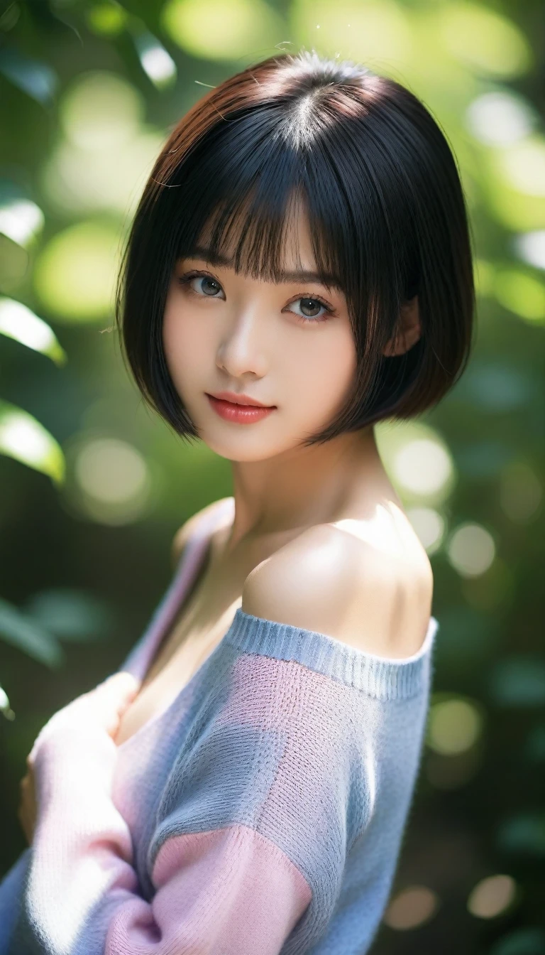 8k, Ultra-high resolution, Highest quality, masterpiece, 三分割法によるphotograph,Surreal, photograph, 1 Girl, (:1.3), pretty girl, Cute Face, 細部までBeautiful Eyes, 細かくdetailedに,masterpiece,One Girl:1.2,Japanese women,Young Wife,upper body,smile,Black hair,Bowl cut,(Summer knitwear:1.3),wood々Inside,Mountain trail,Summer sunshine,wood漏れ日,(Beautiful attention to detail),Subtle details, detailedな顔, smile,Attractive girl,(のポートレートphotograph:1.4),(Photorealistic images:1.4),Fantasy art,(Beautiful Face:1.4),Beautiful and attractive eyes、Beautiful Eyes、(Tight waist:1.4)、(Beautiful with perfect body proportions:1.4),Pink Lips,Looking at the audience,(((Ideal body type))),A-cup small breasts :2,、Portraiture:2、Perfect Anatomy、鮮明なdetailed、detailed,Fashion magazine cover,Thin lips,完璧でBeautiful Face ,完璧でCute Face, Skin with attention to detail, Perfect limbs、Narrow waist,Surreal,Light and shadow,dappled sunlight