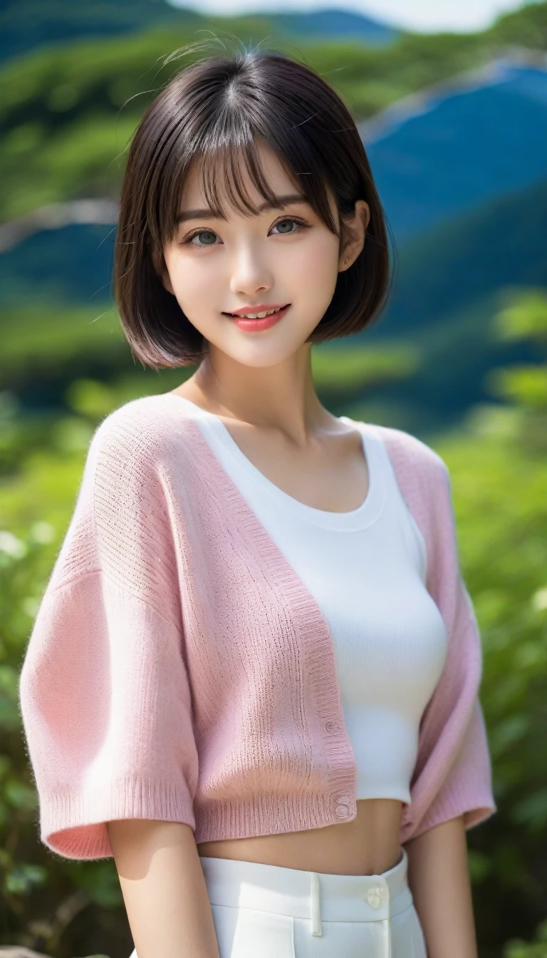 8k, Ultra-high resolution, Highest quality, masterpiece, 三分割法によるphotograph,Surreal, photograph, 1 Girl, (:1.3), pretty girl, Cute Face, 細部までBeautiful Eyes, 細かくdetailedに,masterpiece,One Girl:1.2,Japanese women,Young Wife,upper body,smile,Black hair,Bowl cut,(Summer knitwear:1.3),wood々Inside,Mountain trail,Summer sunshine,wood漏れ日,(Beautiful attention to detail),Subtle details, detailedな顔, smile,Attractive girl,(のポートレートphotograph:1.4),(Photorealistic images:1.4),Fantasy art,(Beautiful Face:1.4),Beautiful and attractive eyes、Beautiful Eyes、(Tight waist:1.4)、(Beautiful with perfect body proportions:1.4),Pink Lips,Looking at the audience,(((Ideal body type))),A-cup small breasts :2,、Portraiture:2、Perfect Anatomy、鮮明なdetailed、detailed,Fashion magazine cover,Thin lips,完璧でBeautiful Face ,完璧でCute Face, Skin with attention to detail, Perfect limbs、Narrow waist,Surreal,Light and shadow,dappled sunlight