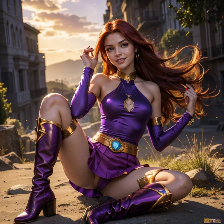 (masterpiece, best quality:1.5), highest quality, High resolution, super detailed, Realists, Full body photo of 18-year-old Starfire from Titans, detailed and beautiful green eyes, beautiful detailed lips, very detailed eyes and face, longeyelashes, additional eyebrows in the forehead area, Beautiful and colorful makeup, Fighting Pose, dark red hair, slightly orange skin, bright daylight, bright colors, fine brushstrokes, Portrait style, beautiful color palette, glowing skin, First-class rendering, that captures every detail, enchanting atmosphere, (perfect anatomy:1.2), (The stunning Starfire wears a purple top with shoulder plate, purple skirt and purple overknee boots.Animated series Teenans 2003, Starfire flies through the air, Energy shines in her hands. She smiles with joy Panoramic view:1.2)