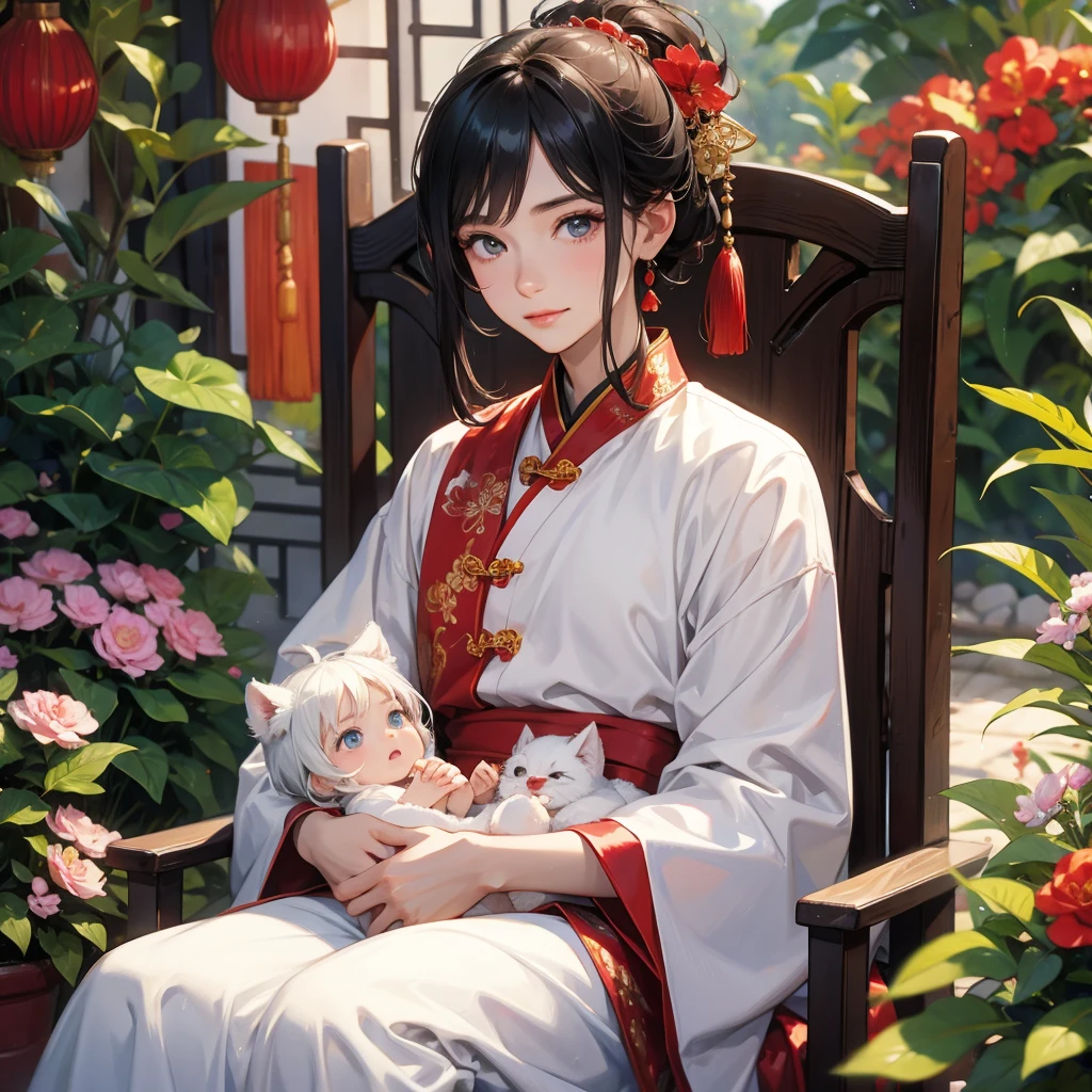 a handsome young man with good face and gentle face, wearing a white ancient Chinese costume, sitting on chair, hugging his adorable Chibi girl 1 yearo is 1 year old, wi hair in a red Chinese new year costume, int he morning, there is sunlight shining in the front yard garden , smiling.