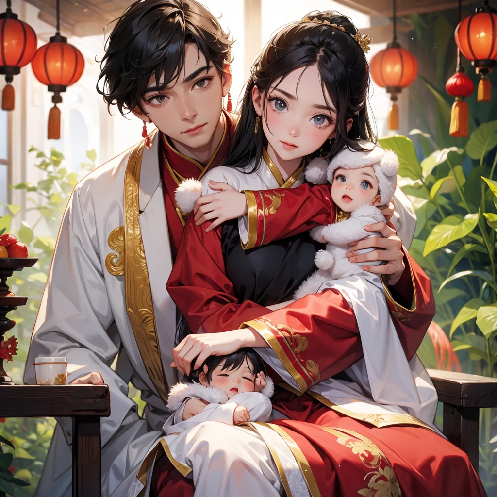 a handsome young man with good face and gentle face, wearing a white ancient Chinese costume, sitting on chair, hugging his adorable Chibi baby girl 1 year old, who is 1 year old, with black hair in a red Chinese new year costume, int he morning, there is sunlight shining in the front yard garden , smiling.