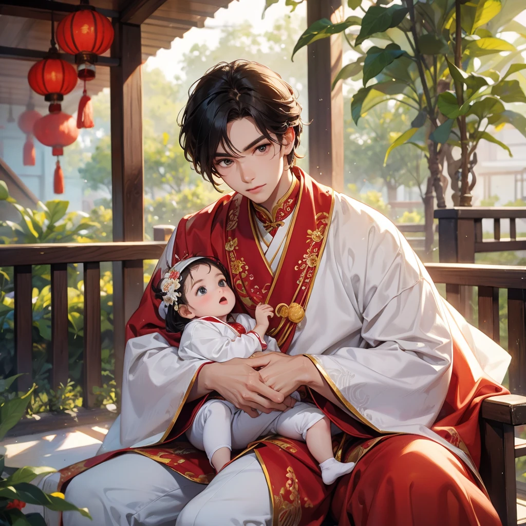 a handsome young man with good face and gentle face, wearing a white ancient Chinese costume, sitting on chair, hugging his adorable Chibi baby girl 1 year old, who is 1 year old, with black hair in a red Chinese new year costume, int he morning, there is sunlight shining in the front yard garden , smiling.
