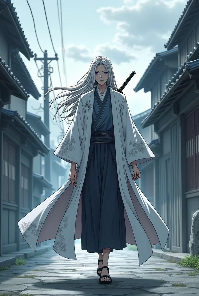 tall and slender, with long silver hair and intense violet eyes. His skin is pale and marked by old scars.., that tell stories of past battles. Wears a white haori with silver details, that resembles a dense fog when it moves.
Personalidade: Introspective and calm, Kazuki prefers solitude and meditation. Has a strong sense of justice and honor, but his solitary nature makes him distant and difficult to approach. Despite his serene appearance, hides a deep sadness and a past marked by losses. Anime style With a sword walking down the street he finds a hut 